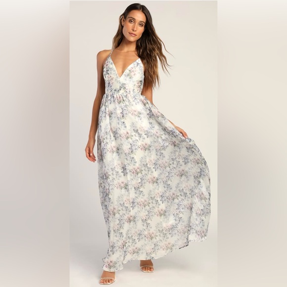 Lulus Effortless Evening Ivory Floral Print Sleeveless Maxi Dress Sz L - Picture 2 of 11